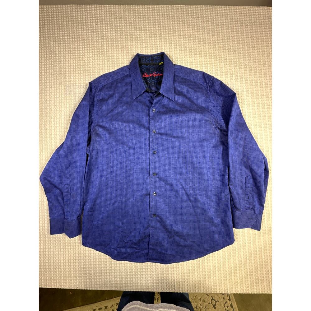 Robert Graham Shirt 2XL Blue Geometric Flip Cuff Luxury Mens Designer
